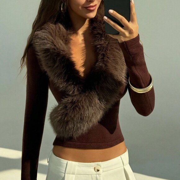 Coffee Brown Casual Women's V-Neck faux fur neckline Sweater top - Picture 5 of 7